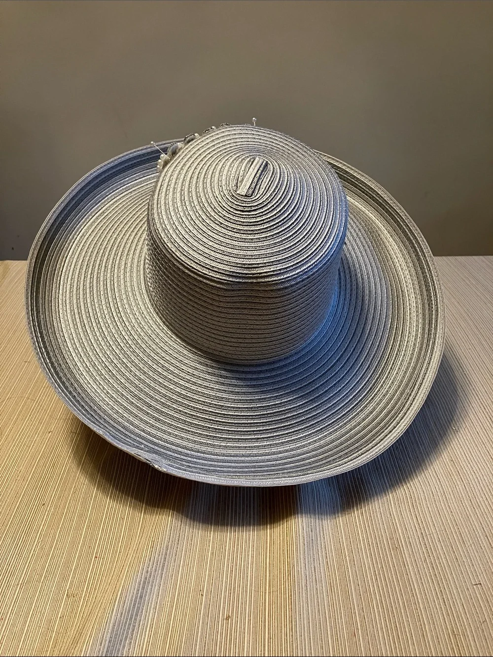Elegant  Light Gray Wide-Brim Hat With Crystal and Beaded Embellishments